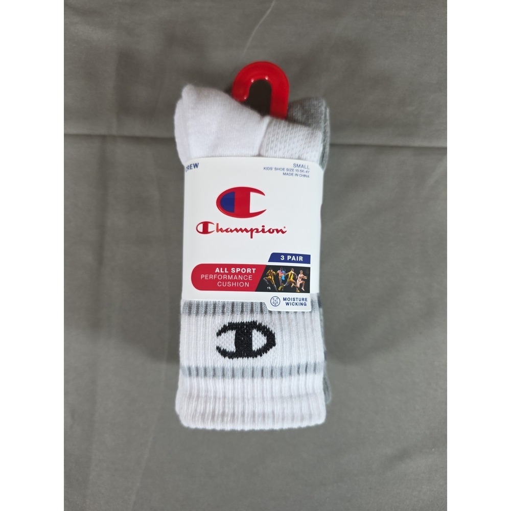 Champion Kids 3 Pair Crew Socks Sport Performance Cushion Small White Grey Black